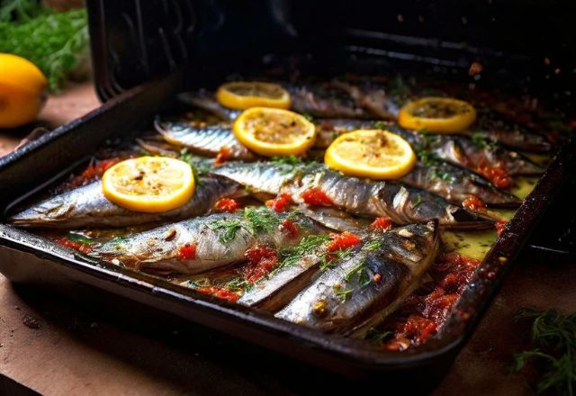 Sardinha assada no forno, dentro de uma bandeja preta