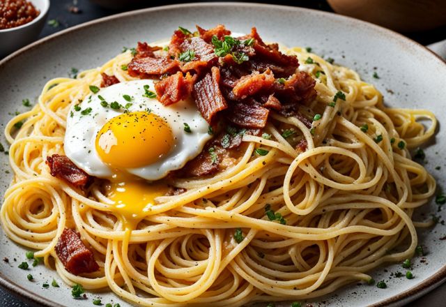 Espaguete a carbonara, sobre um prato de louça